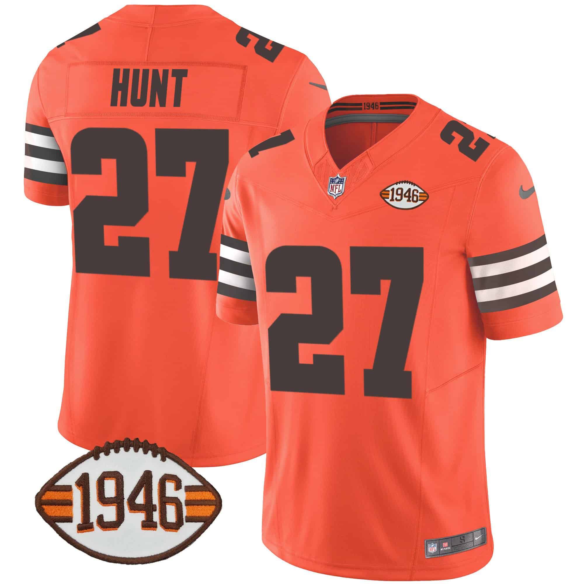 Men Cleveland Browns 27 Hunt Orange 1946 75th Anniversary Patch 2024 Nike NFL Jersey